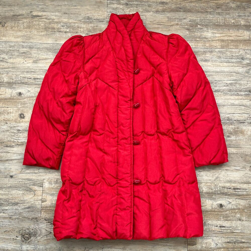 Down Vintage Jacket Red Puffer Long Trench Coat Winter 80s Unique Bright Large